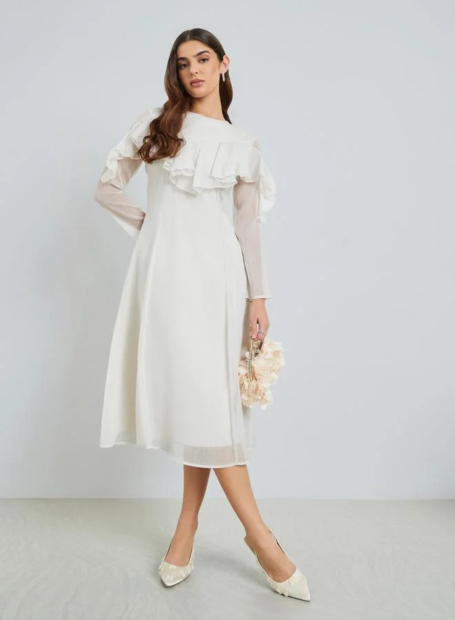 Styli Women Off-White Ruffled Detail Midi Dress